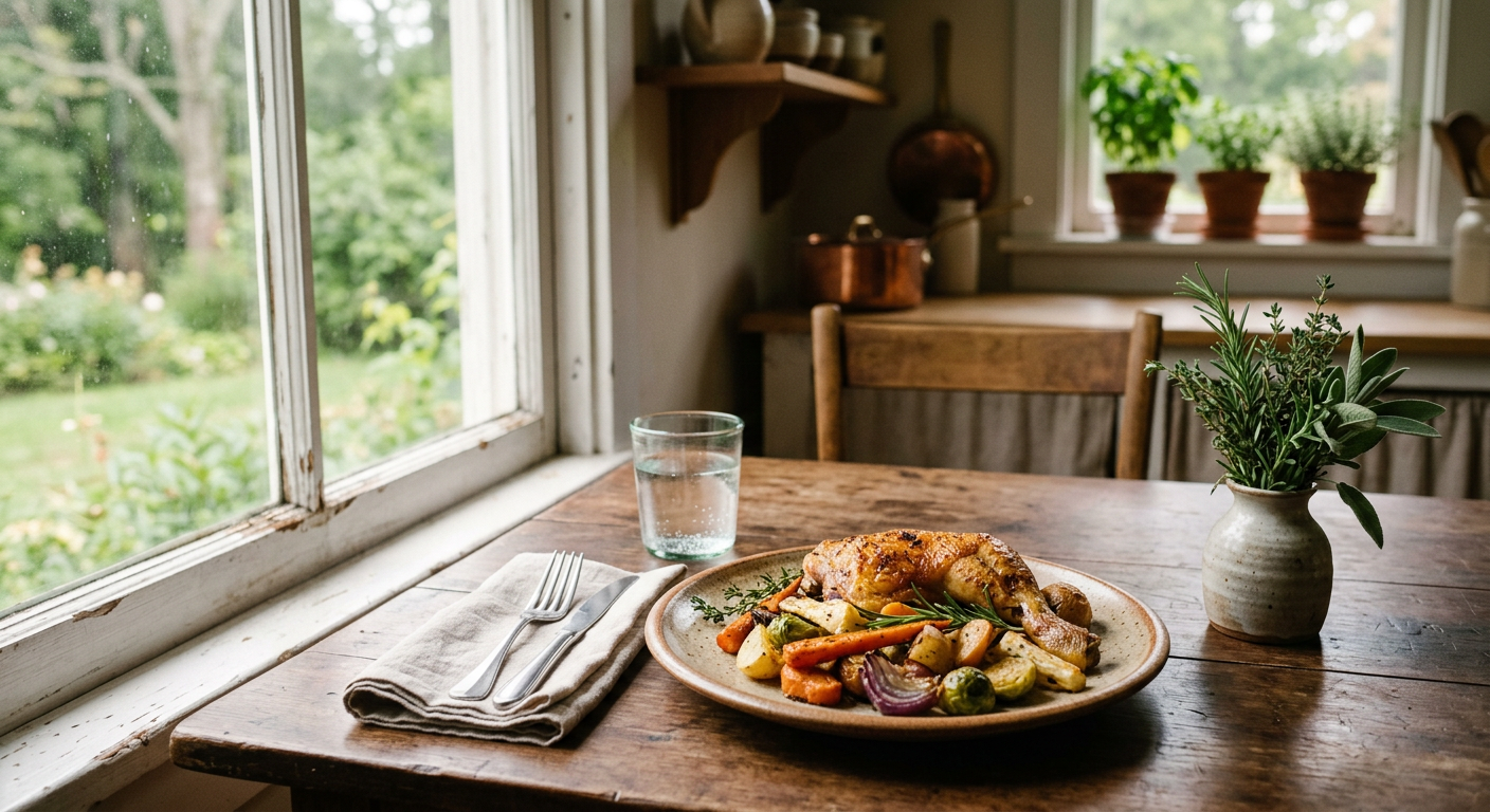 A home-cooked meal set on a kitchen table for one